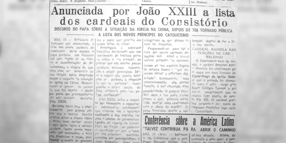 Matéria sobre o Papa João XXIII publicada no JM em 16 de dezembro de 1958.
