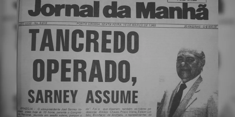 Primeira página do JM no dia 15 de março de 1985. A notícia sobre a cirurgia de Tancredo Neves causou comoção e deixou a sociedade brasileira apreensiva sobre os rumos da democracia que estava por renascer