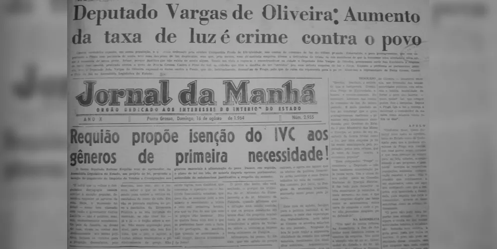 Artigo de primeira página do JM em 16 de agosto de 1964. Nele, o então Deputado João Vargas de Oliveira pronuncia-se contra os reajustes de tarifa implementados pela Cia. Prada de Eletricidade