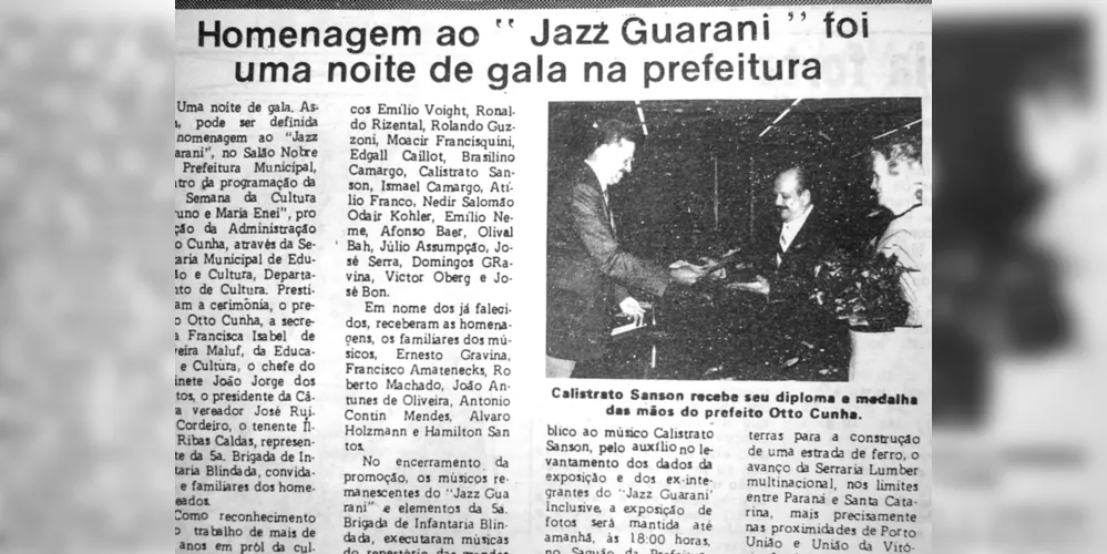 Matéria sobre a homenagem prestada pelo município ao maestro Calistrato Sanson, publicada no JM em 07 de maio de 1987