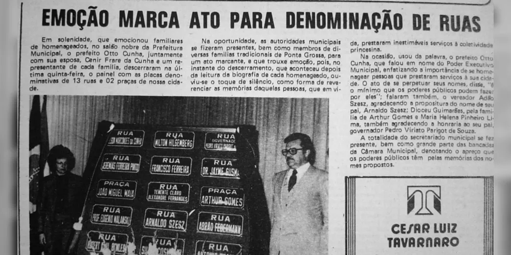 JM do dia 02 de outubro de 1984. Matéria sobre a solenidade de denominação de nomes para novas ruas em Ponta Grossa