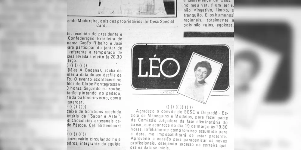 Coluna Social assinada pelo jornalista Leo Pasetti, publicada no JM em 12 de março de 1986