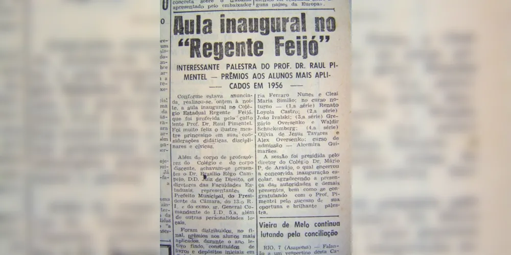 Notícia publicada no JM em 08 de março de 1957 tratando da aula inaugural do Colégio Regente Feijó, ministrada pelo professor Raul Pimentel