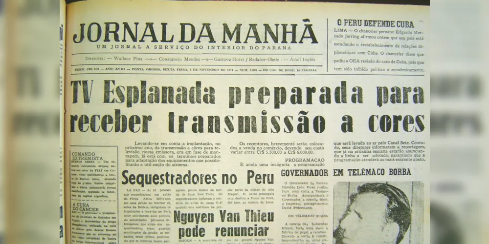 Matéria a respeito da TV Esplanada, a primeira emissora de Ponta Grossa, publicada no JM em 05 de novembro de 1971