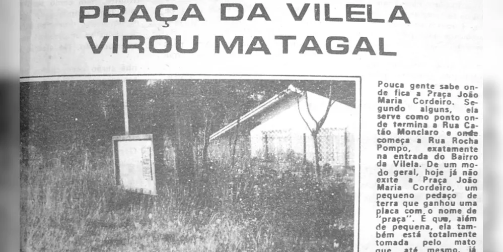Matéria publicada no JM em 03 de maio de 1987 trata do péssimo estado de conservação da Praça João Maria Cordeiro, na Vila Vilela