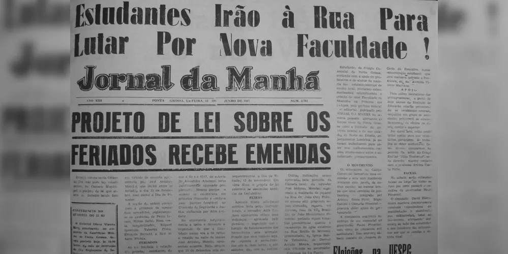 Primeira página do JM em 13 de junho de 1967. A manchete destacava a luta dos estudantes ponta-grossenses para a implantação do curso de medicina na cidade