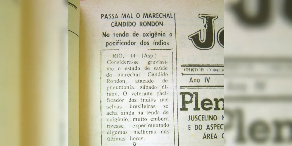 Nota a respeito do estado de saúde do Marechal Rondon publicado no JM em 15 de janeiro de 1958