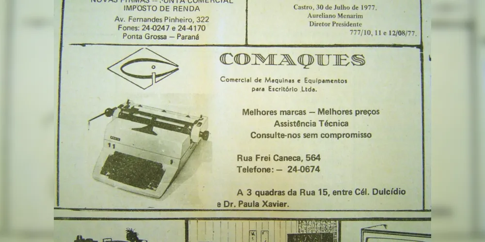 Anúncio da Comaques, empresa ponta-grossense especializada na comercialização e assistência técnica de máquinas de escrever, publicado no JM em 12 de agosto de 1977