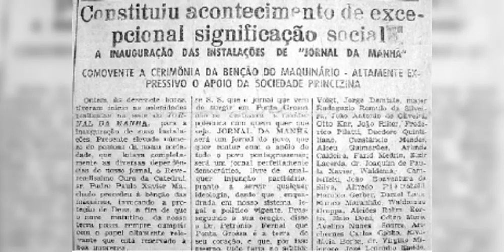 Recorte da notícia sobre a inauguração das instalações do Jornal da Manhã em 04 de julho de 1964