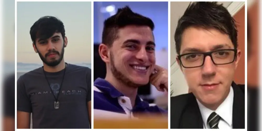 A partir da esquerda, Wellington Roberto Palhares, Caio Lucio de Benedetto Moreira e Antonio Cano dos Santos Junior, os passageiros de helicóptero que caiu na Zona Oeste de SP