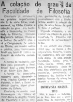 Notícia publicada no JM em 07 de dezembro de 1958 destaca a Colação de Grau da FAFI.