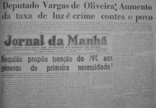 Artigo de primeira página do JM em 16 de agosto de 1964. Nele, o então Deputado João Vargas de Oliveira pronuncia-se contra os reajustes de tarifa implementados pela Cia. Prada de Eletricidade