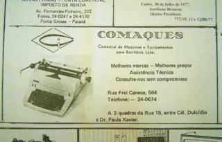 Anúncio da Comaques, empresa ponta-grossense especializada na comercialização e assistência técnica de máquinas de escrever, publicado no JM em 12 de agosto de 1977
