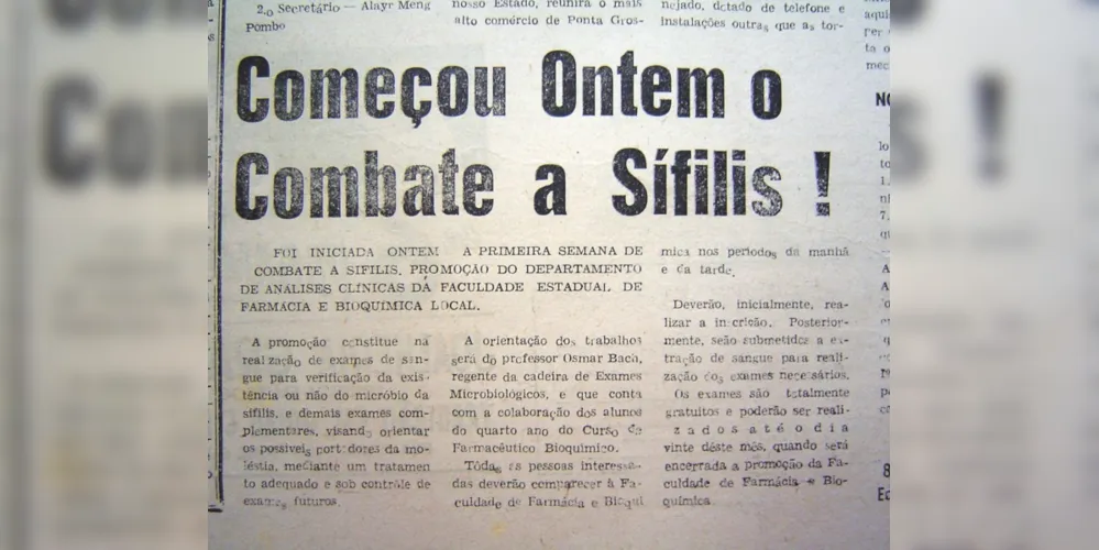 Nota tratando da realização da Semana de Combate à Sífilis, promovida pela Faculdade de Farmácia e Bioquímica de Ponta Grossa, publicada no JM em 17 de outubro de 1967