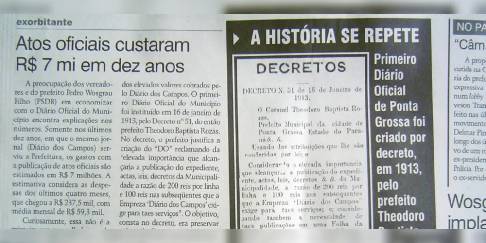 Notícia publicada no JM em 29 de maio de 2009, tratando da criação do Diário Oficial em Ponta Grossa