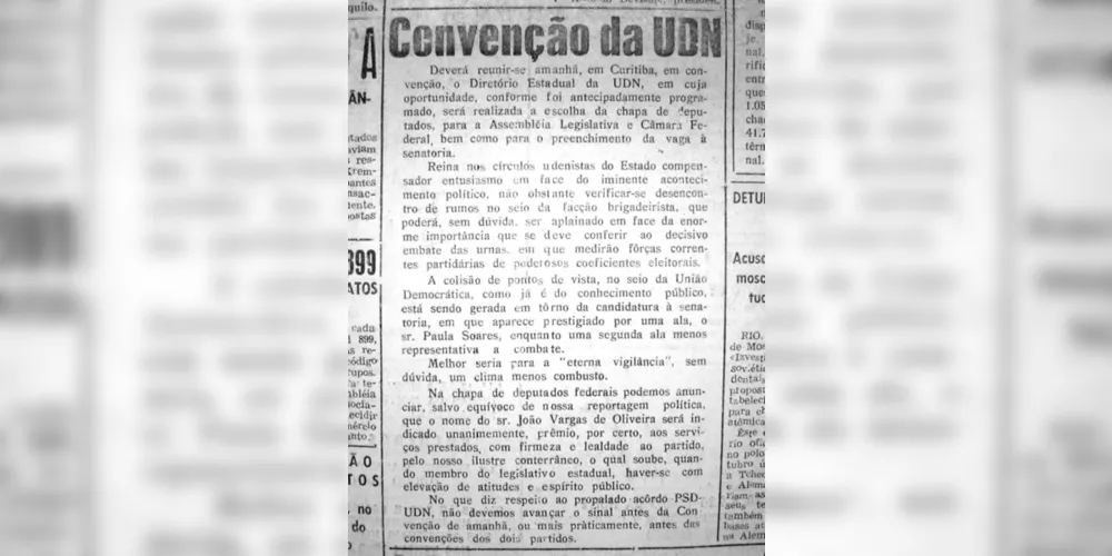 Notícia publicada pelo JM em 10 de janeiro de 1958 sobre a convenção estadual da UDN e a possível indicação do nome de João Vargas de Oliveira para concorrer ao cargo de Deputado Federal pelo partido