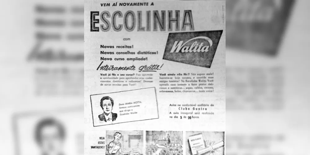 Anúncio de mais uma edição da Escolinha Walita em Ponta Grossa, publicado pelo JM em 28 de abril de 1957
