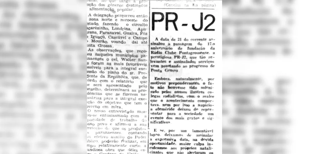No dia 23 de janeiro de 1957, o JM registrou o 17º aniversário de fundação da Rádio Clube Pontagrossense PRJ-2