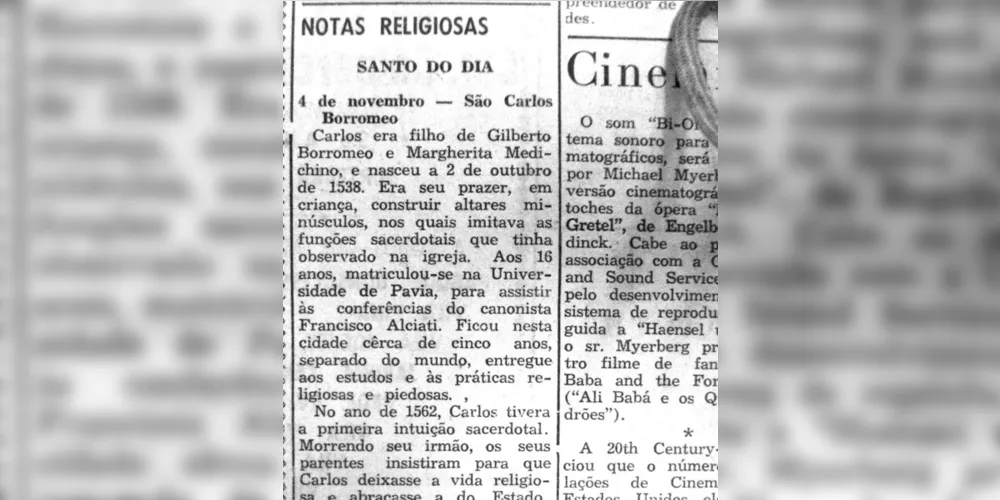 No dia 4 de novembro de 1954, o JM em coluna intitulada “Notas religiosas” publicou texto sobre a vida do santo Carlos Borromeo