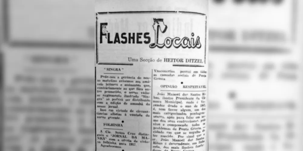 A coluna Flashes Locais, assinada por Heitor Ditzel, foi um dos destaques do JM na sua edição de 10 de janeiro de 1957
