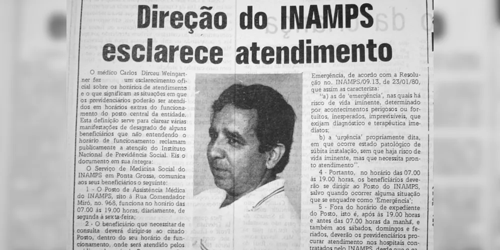 No dia 07 de outubro de 1984 o JM publicou matéria sobre o atendimento do INAMPS em Ponta Grossa