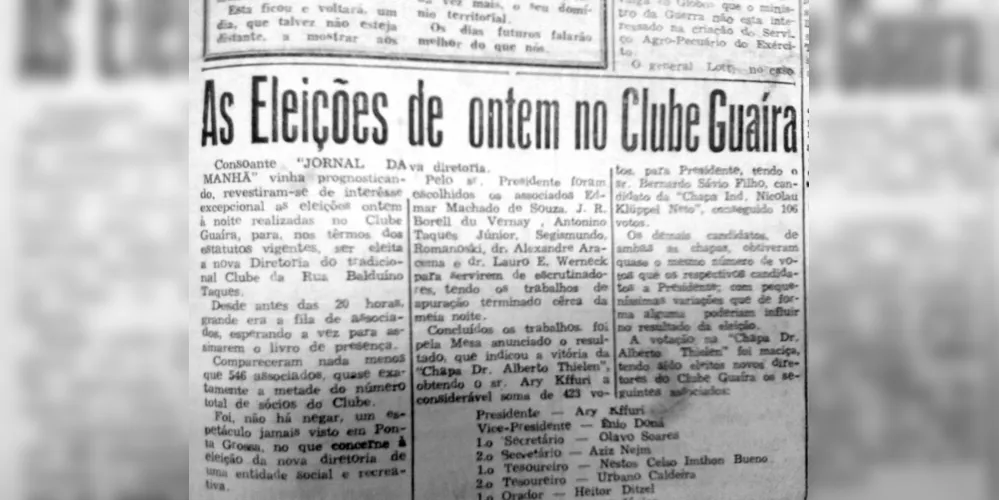 Em 27 de fevereiro de 1957 o JM noticiou a eleição de Ary Kffuri para a presidência do Clube Guaíra
