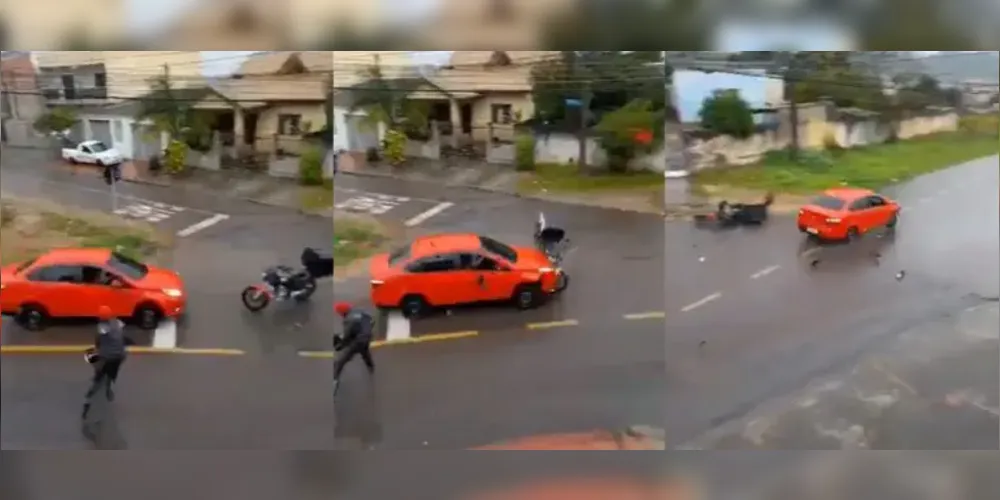 Populares filmaram a situação envolvendo um carro e uma motocicleta