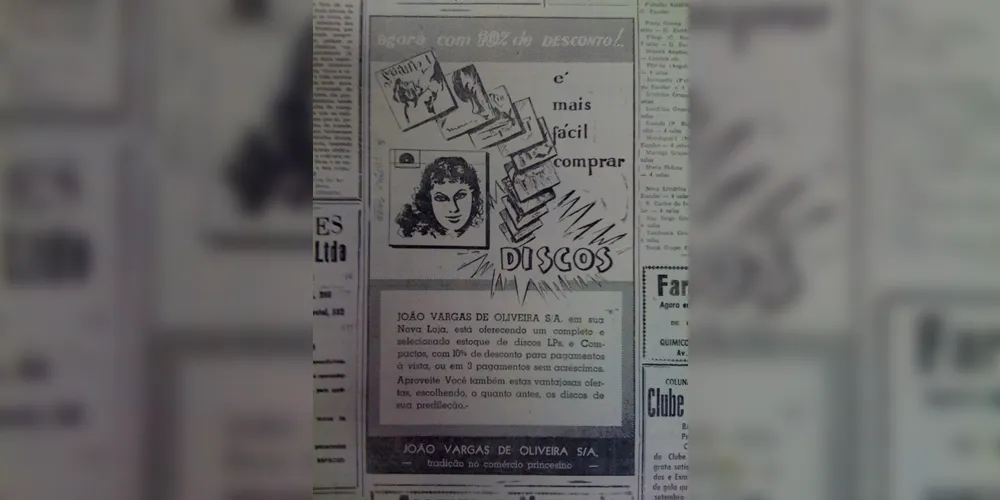 Um dos estabelecimentos varejistas mais tradicionais da história de Ponta Grossa, as Lojas João Vargas de Oliveira, anunciou a venda de discos de vinil no JM do dia 25 de agosto de 1962