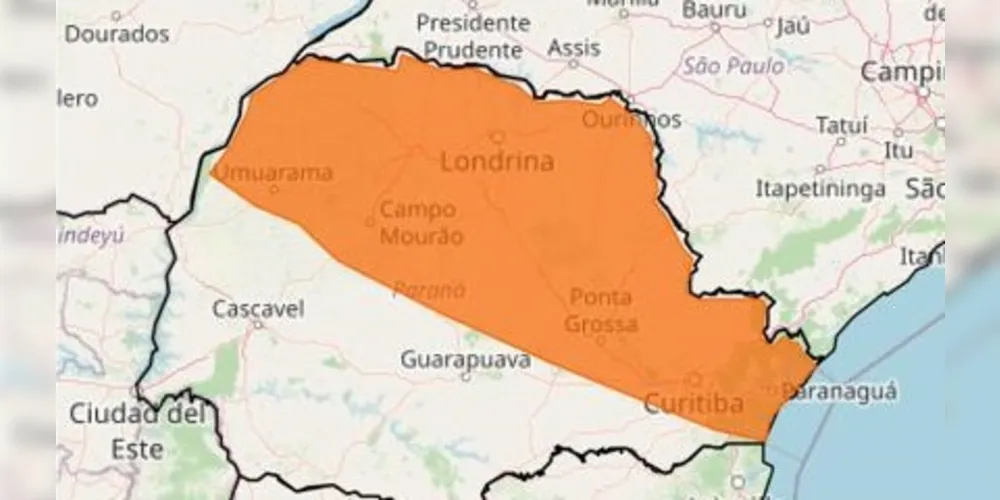 Alerta foi emitido para parte do Estado do Paraná