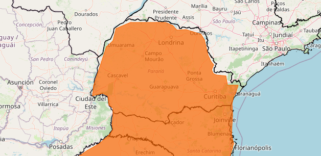 Área de alerta (em laranja) também engloba Santa Catarina e parte do Rio Grande do Sul