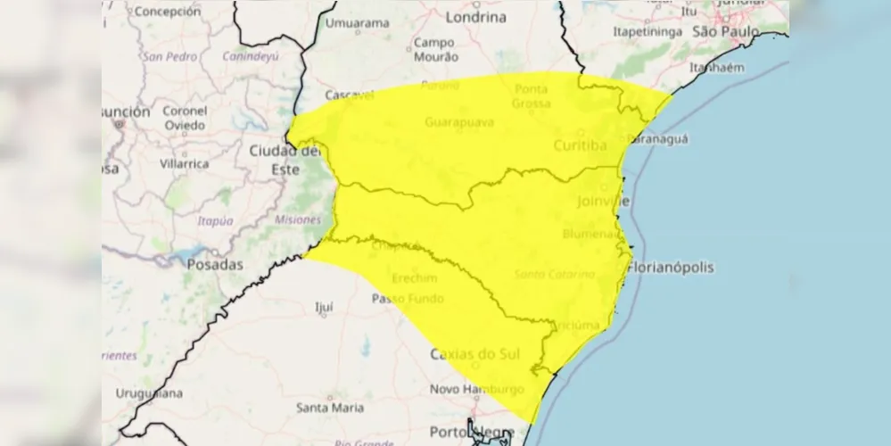 Alerta para tempestade vale para várias regiões do Paraná e para todo o Estado de Santa Catarina