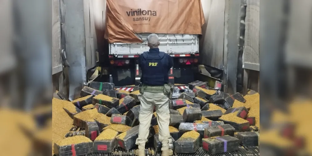 PRF localizou na carroceria 2.037 quilos de maconha oculta embaixo de uma carga de milho
