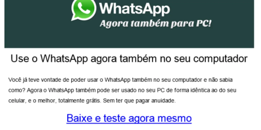 Imagem ilustrativa da imagem Golpe online promete WhatsApp gratuito para PCs