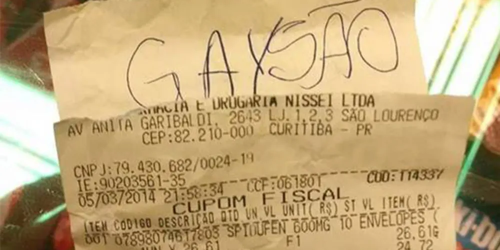 Imagem ilustrativa da imagem Cliente é chamado de ‘gaysão’ em recibo de Farmácia Nissei
