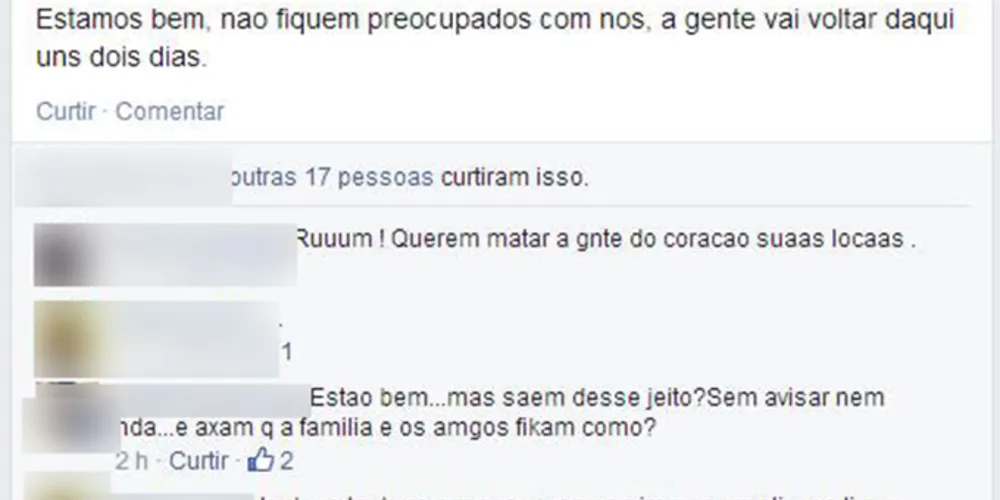 Imagem ilustrativa da imagem Jovem sumida avisa no Facebook: “Voltamos em dois dias”