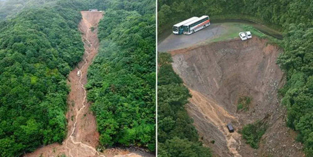 Imagem ilustrativa da imagem Ônibus fica preso em montanha após fortes chuvas derrubarem rodovia