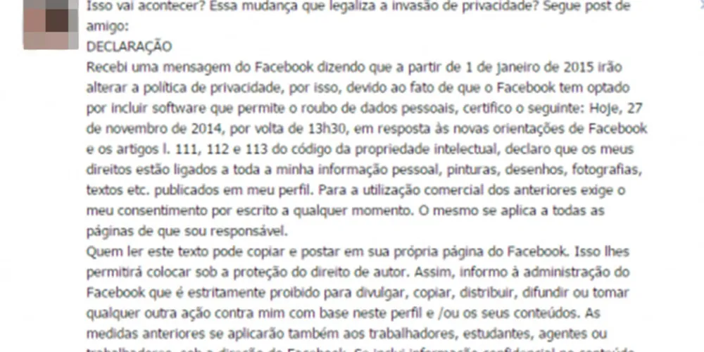 Imagem ilustrativa da imagem Declaração de privacidade que circula no Facebook é falsa