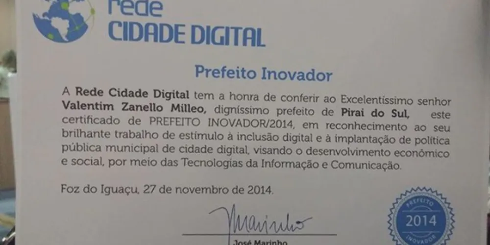 Imagem ilustrativa da imagem Prefeito de Piraí do Sul recebe certificado de Prefeito Inovador