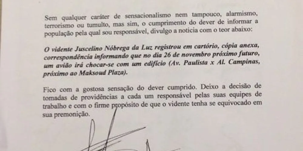 Imagem ilustrativa da imagem Premonição faz condomínio emitir aviso sobre acidente aéreo